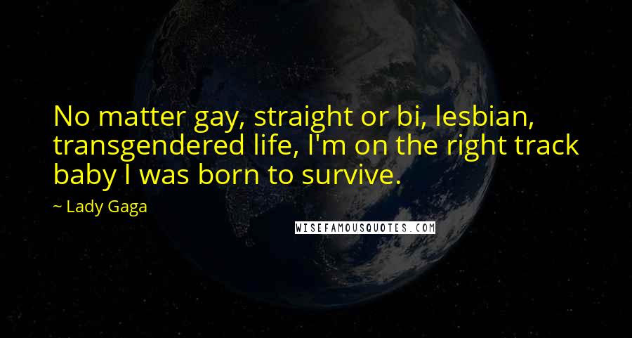 Lady Gaga Quotes: No matter gay, straight or bi, lesbian, transgendered life, I'm on the right track baby I was born to survive.