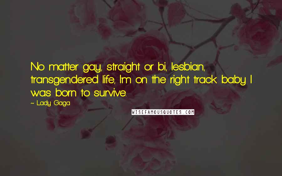 Lady Gaga Quotes: No matter gay, straight or bi, lesbian, transgendered life, I'm on the right track baby I was born to survive.