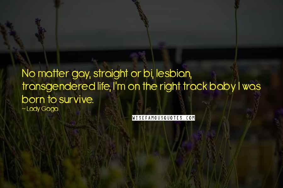 Lady Gaga Quotes: No matter gay, straight or bi, lesbian, transgendered life, I'm on the right track baby I was born to survive.