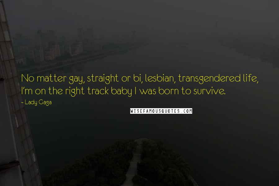 Lady Gaga Quotes: No matter gay, straight or bi, lesbian, transgendered life, I'm on the right track baby I was born to survive.