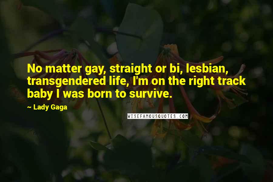 Lady Gaga Quotes: No matter gay, straight or bi, lesbian, transgendered life, I'm on the right track baby I was born to survive.