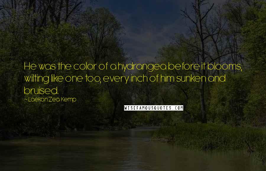 Laekan Zea Kemp Quotes: He was the color of a hydrangea before it blooms, wilting like one too, every inch of him sunken and bruised.