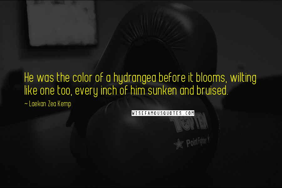 Laekan Zea Kemp Quotes: He was the color of a hydrangea before it blooms, wilting like one too, every inch of him sunken and bruised.