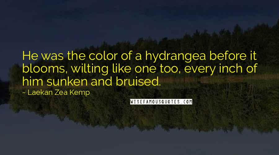 Laekan Zea Kemp Quotes: He was the color of a hydrangea before it blooms, wilting like one too, every inch of him sunken and bruised.