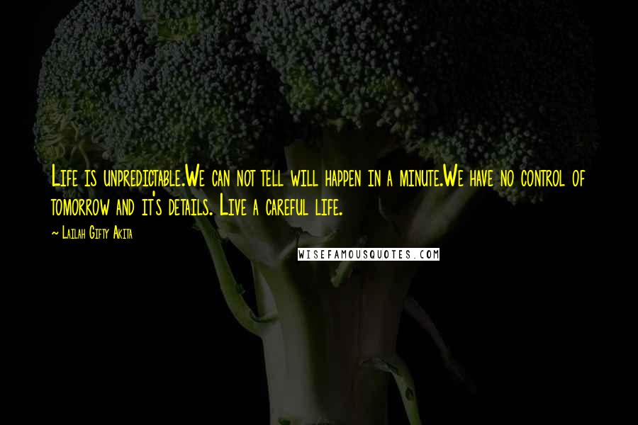 Lailah Gifty Akita Quotes: Life is unpredictable.We can not tell will happen in a minute.We have no control of tomorrow and it's details. Live a careful life.