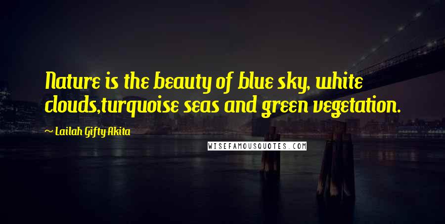 Lailah Gifty Akita Quotes: Nature is the beauty of blue sky, white clouds,turquoise seas and green vegetation.