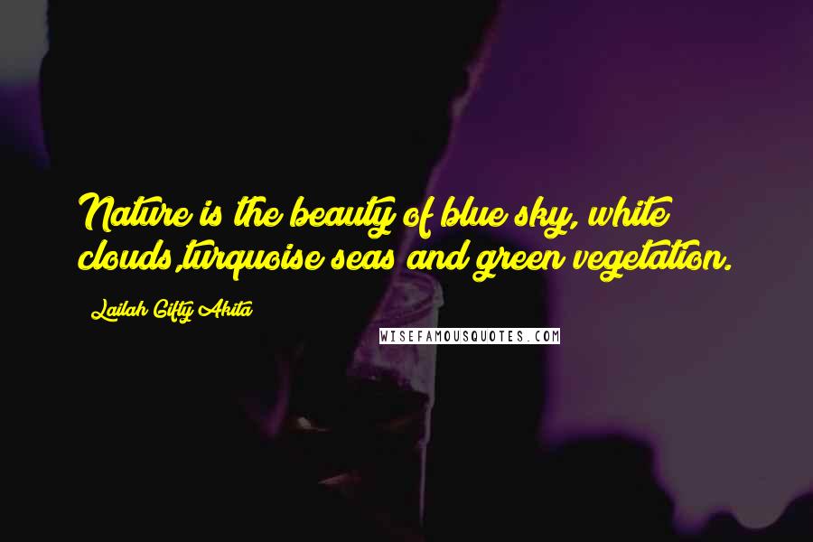 Lailah Gifty Akita Quotes: Nature is the beauty of blue sky, white clouds,turquoise seas and green vegetation.