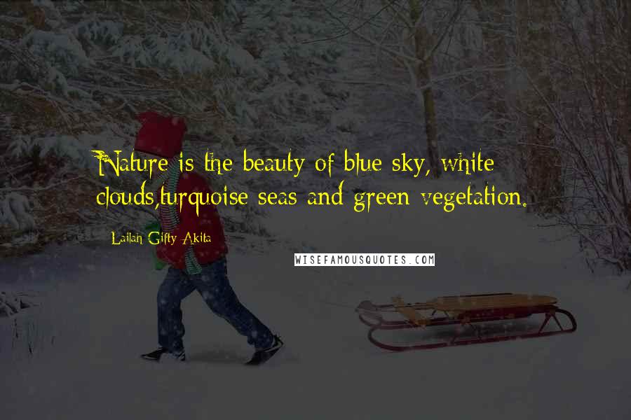 Lailah Gifty Akita Quotes: Nature is the beauty of blue sky, white clouds,turquoise seas and green vegetation.