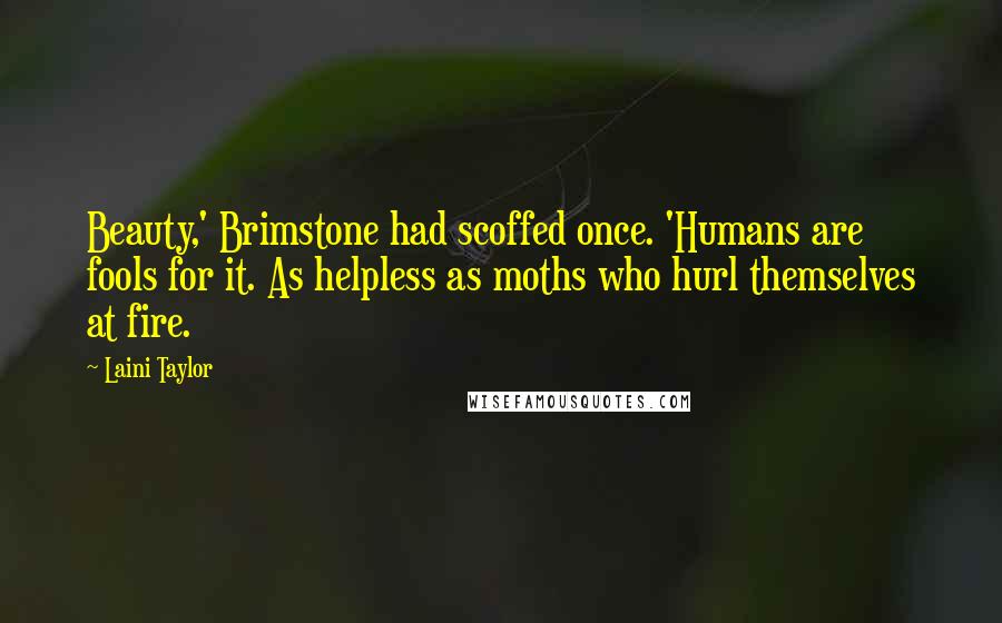 Laini Taylor Quotes: Beauty,' Brimstone had scoffed once. 'Humans are fools for it. As helpless as moths who hurl themselves at fire.