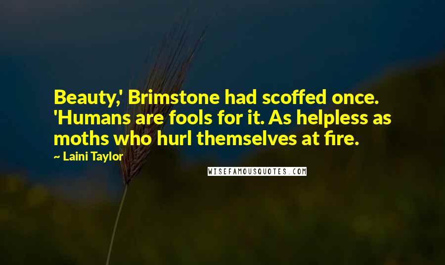 Laini Taylor Quotes: Beauty,' Brimstone had scoffed once. 'Humans are fools for it. As helpless as moths who hurl themselves at fire.