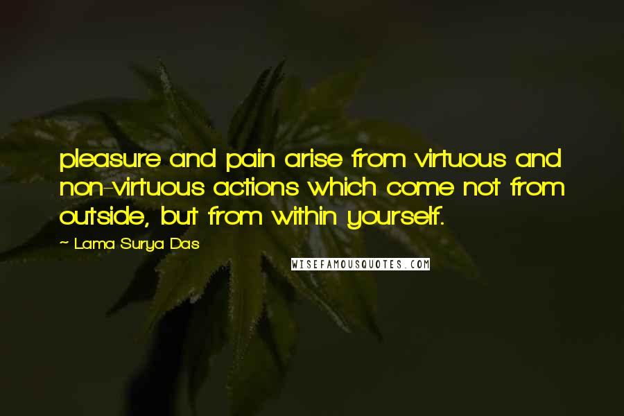 Lama Surya Das Quotes: pleasure and pain arise from virtuous and non-virtuous actions which come not from outside, but from within yourself.