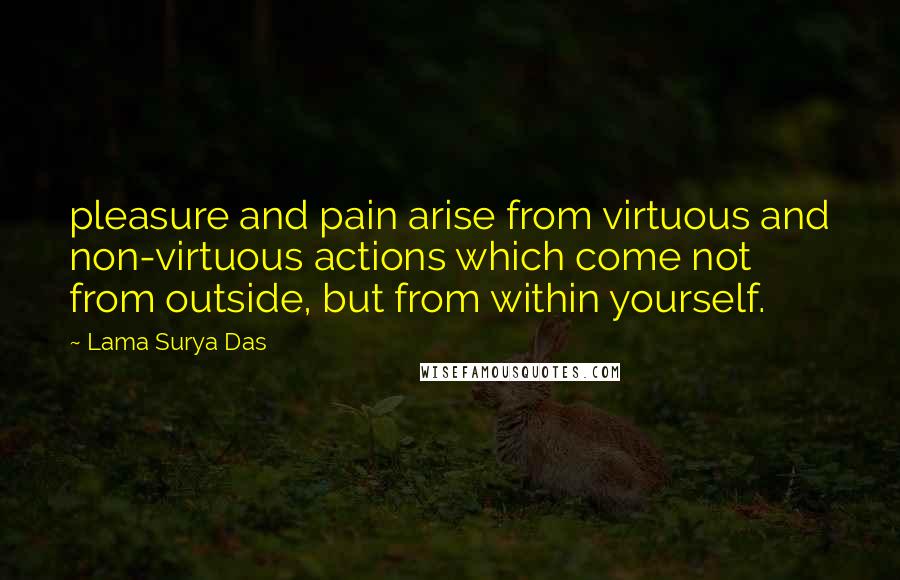 Lama Surya Das Quotes: pleasure and pain arise from virtuous and non-virtuous actions which come not from outside, but from within yourself.