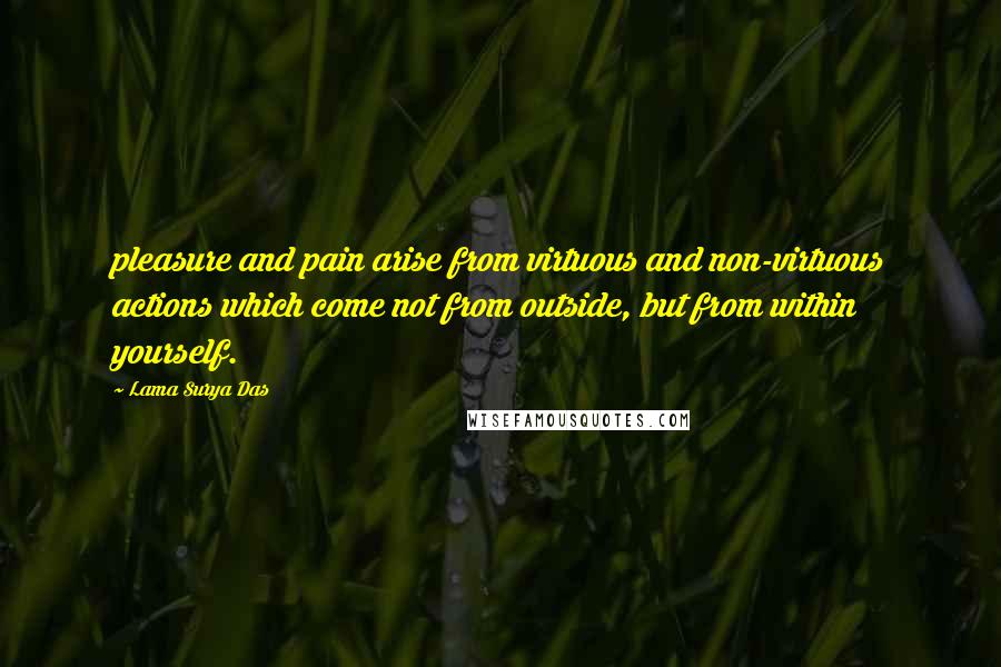 Lama Surya Das Quotes: pleasure and pain arise from virtuous and non-virtuous actions which come not from outside, but from within yourself.