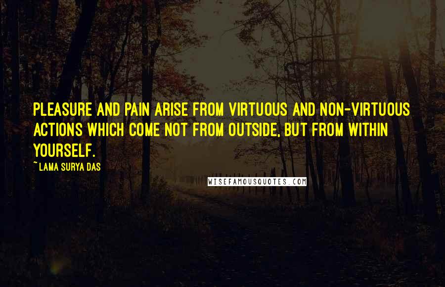 Lama Surya Das Quotes: pleasure and pain arise from virtuous and non-virtuous actions which come not from outside, but from within yourself.