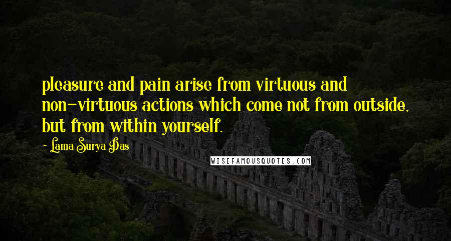 Lama Surya Das Quotes: pleasure and pain arise from virtuous and non-virtuous actions which come not from outside, but from within yourself.