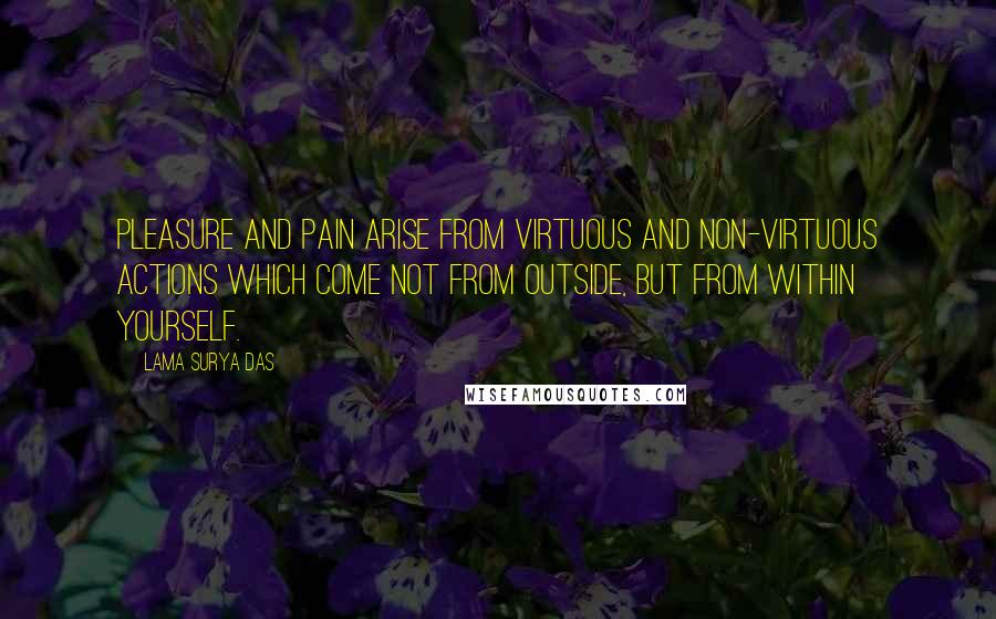 Lama Surya Das Quotes: pleasure and pain arise from virtuous and non-virtuous actions which come not from outside, but from within yourself.