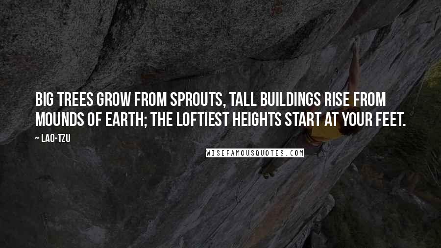 Lao-Tzu Quotes: Big trees grow from sprouts, tall buildings rise from mounds of earth; the loftiest heights start at your feet.