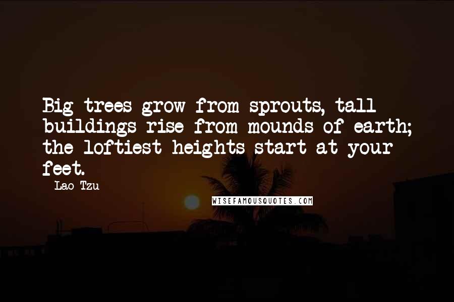Lao-Tzu Quotes: Big trees grow from sprouts, tall buildings rise from mounds of earth; the loftiest heights start at your feet.