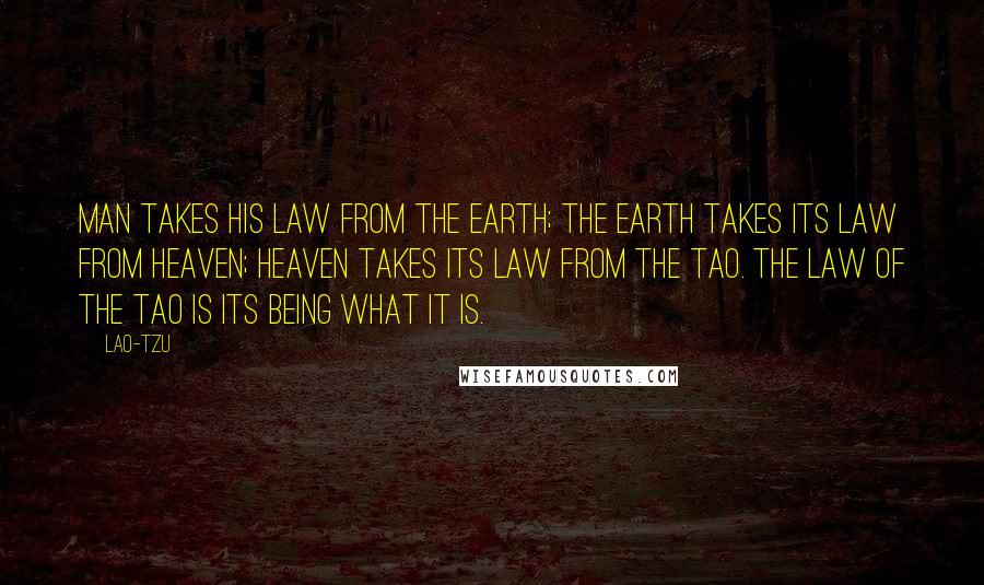 Lao-Tzu Quotes: Man takes his law from the Earth; the Earth takes its law from Heaven; Heaven takes its law from the Tao. The law of the Tao is its being what it is.