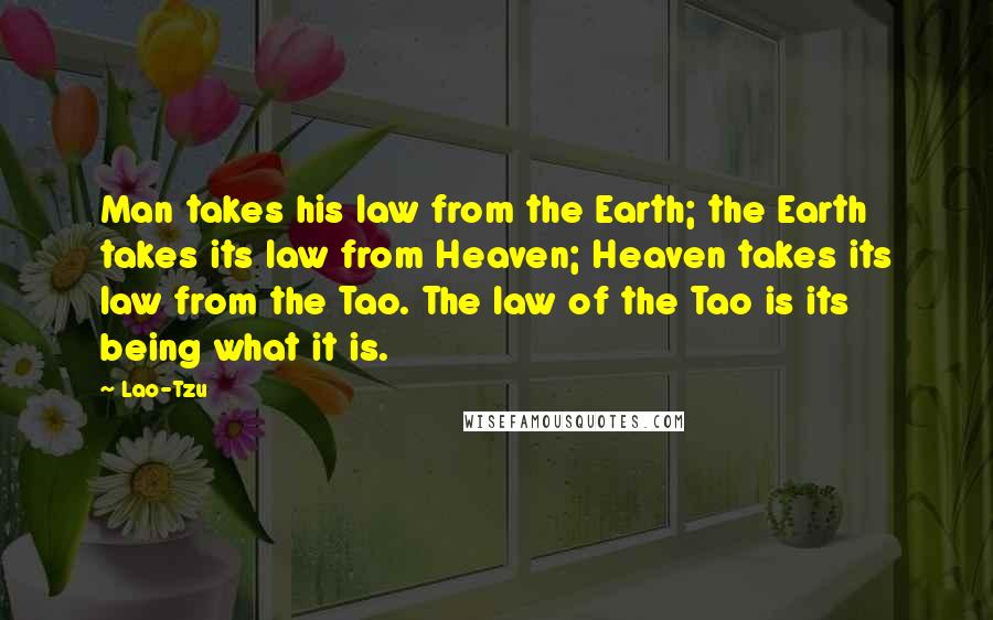 Lao-Tzu Quotes: Man takes his law from the Earth; the Earth takes its law from Heaven; Heaven takes its law from the Tao. The law of the Tao is its being what it is.