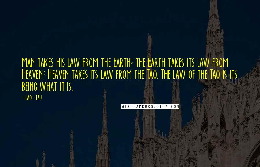 Lao-Tzu Quotes: Man takes his law from the Earth; the Earth takes its law from Heaven; Heaven takes its law from the Tao. The law of the Tao is its being what it is.