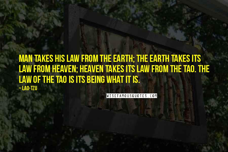 Lao-Tzu Quotes: Man takes his law from the Earth; the Earth takes its law from Heaven; Heaven takes its law from the Tao. The law of the Tao is its being what it is.