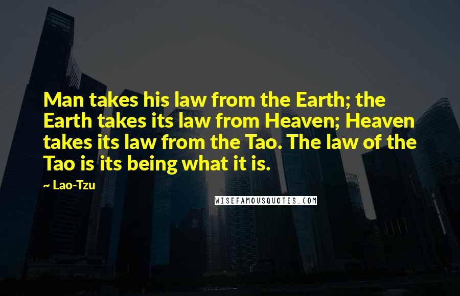 Lao-Tzu Quotes: Man takes his law from the Earth; the Earth takes its law from Heaven; Heaven takes its law from the Tao. The law of the Tao is its being what it is.