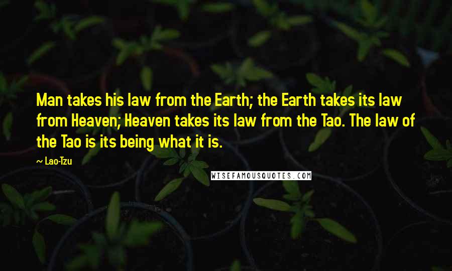 Lao-Tzu Quotes: Man takes his law from the Earth; the Earth takes its law from Heaven; Heaven takes its law from the Tao. The law of the Tao is its being what it is.