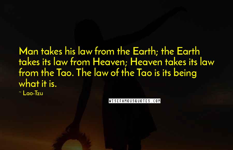 Lao-Tzu Quotes: Man takes his law from the Earth; the Earth takes its law from Heaven; Heaven takes its law from the Tao. The law of the Tao is its being what it is.