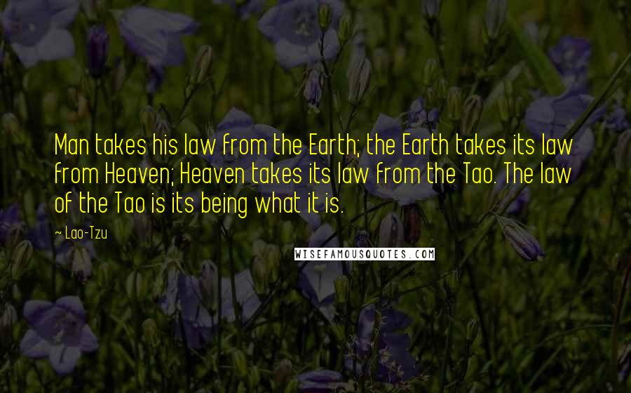 Lao-Tzu Quotes: Man takes his law from the Earth; the Earth takes its law from Heaven; Heaven takes its law from the Tao. The law of the Tao is its being what it is.