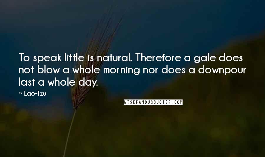 Lao-Tzu Quotes: To speak little is natural. Therefore a gale does not blow a whole morning nor does a downpour last a whole day.