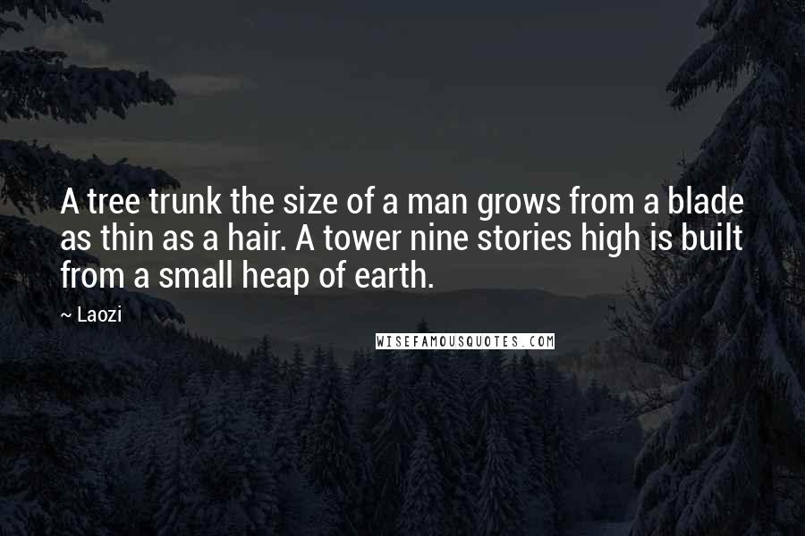 Laozi Quotes: A tree trunk the size of a man grows from a blade as thin as a hair. A tower nine stories high is built from a small heap of earth.