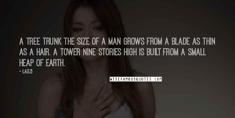 Laozi Quotes: A tree trunk the size of a man grows from a blade as thin as a hair. A tower nine stories high is built from a small heap of earth.