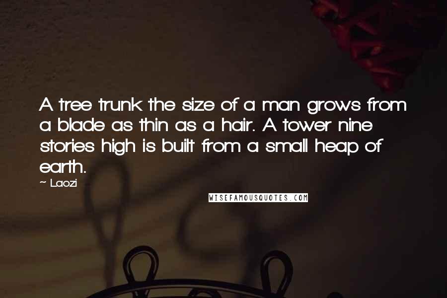 Laozi Quotes: A tree trunk the size of a man grows from a blade as thin as a hair. A tower nine stories high is built from a small heap of earth.