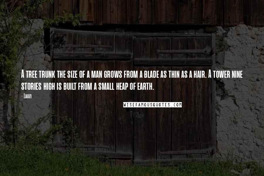 Laozi Quotes: A tree trunk the size of a man grows from a blade as thin as a hair. A tower nine stories high is built from a small heap of earth.