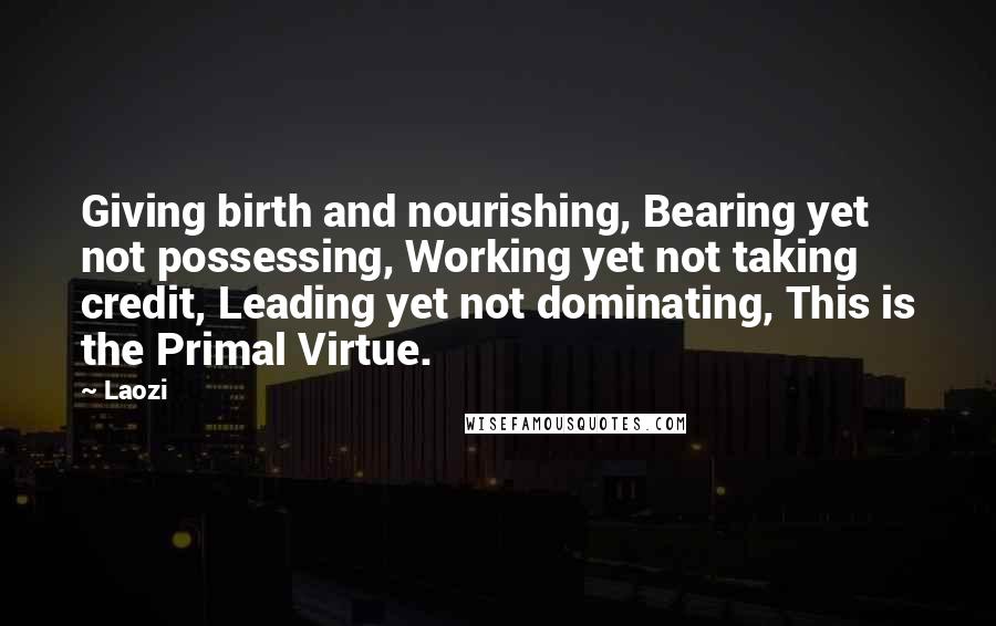 Laozi Quotes: Giving birth and nourishing, Bearing yet not possessing, Working yet not taking credit, Leading yet not dominating, This is the Primal Virtue.