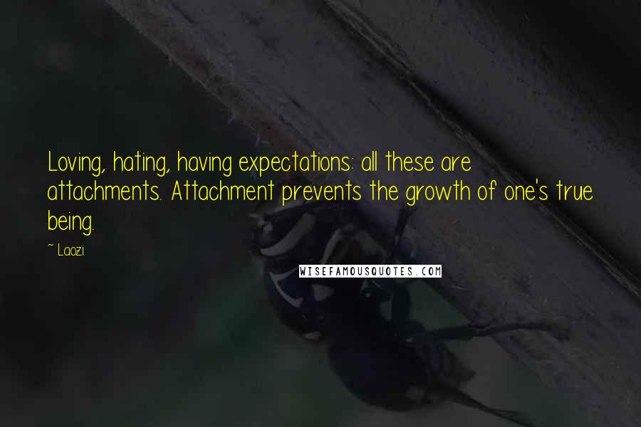 Laozi Quotes: Loving, hating, having expectations: all these are attachments. Attachment prevents the growth of one's true being.