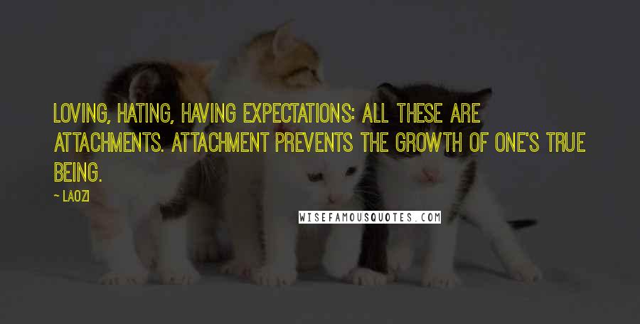 Laozi Quotes: Loving, hating, having expectations: all these are attachments. Attachment prevents the growth of one's true being.