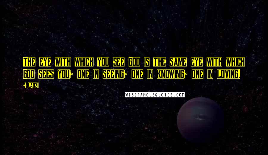 Laozi Quotes: The eye with which you see God is the same eye with which God sees you; one in seeing; one in knowing; one in loving.