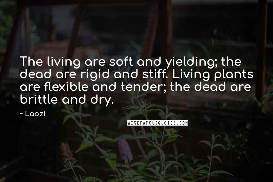 Laozi Quotes: The living are soft and yielding; the dead are rigid and stiff. Living plants are flexible and tender; the dead are brittle and dry.
