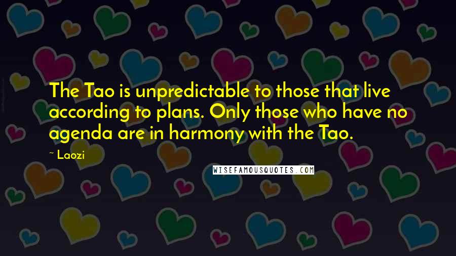 Laozi Quotes: The Tao is unpredictable to those that live according to plans. Only those who have no agenda are in harmony with the Tao.