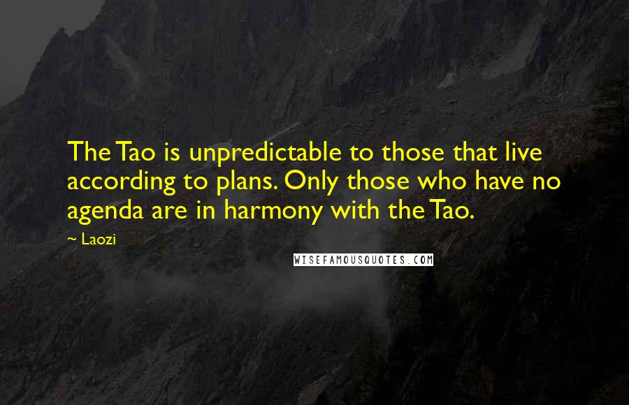 Laozi Quotes: The Tao is unpredictable to those that live according to plans. Only those who have no agenda are in harmony with the Tao.