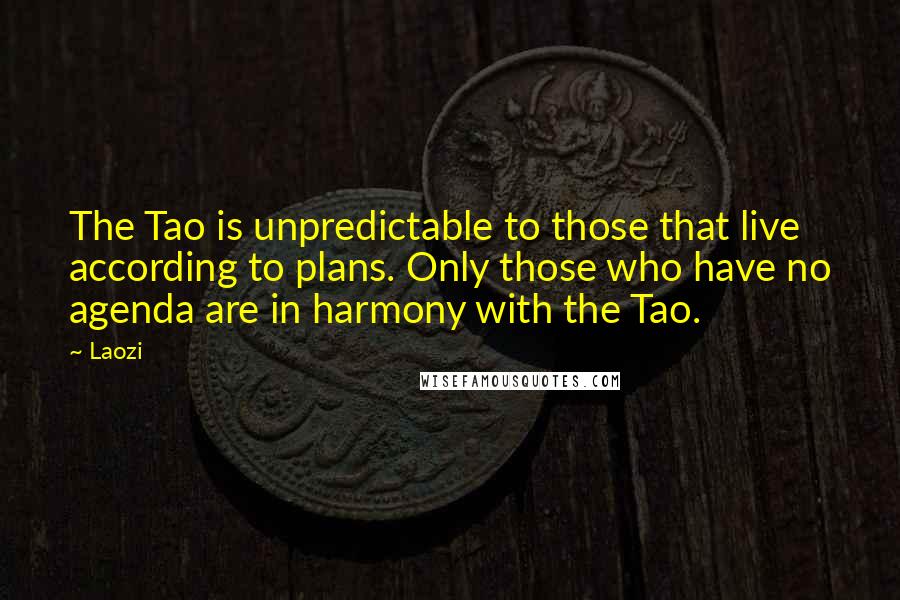 Laozi Quotes: The Tao is unpredictable to those that live according to plans. Only those who have no agenda are in harmony with the Tao.