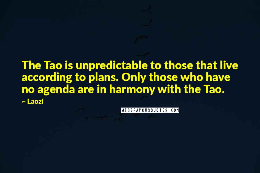 Laozi Quotes: The Tao is unpredictable to those that live according to plans. Only those who have no agenda are in harmony with the Tao.