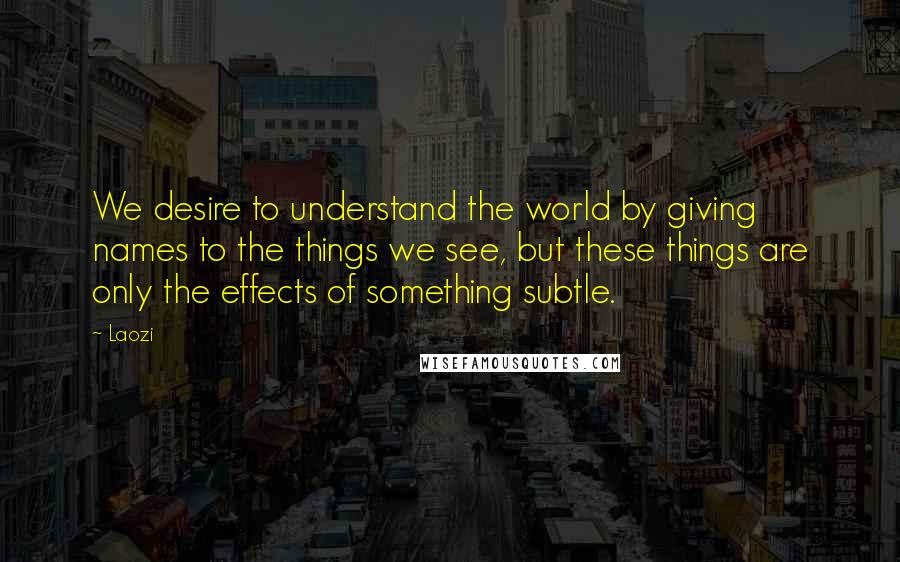 Laozi Quotes: We desire to understand the world by giving names to the things we see, but these things are only the effects of something subtle.