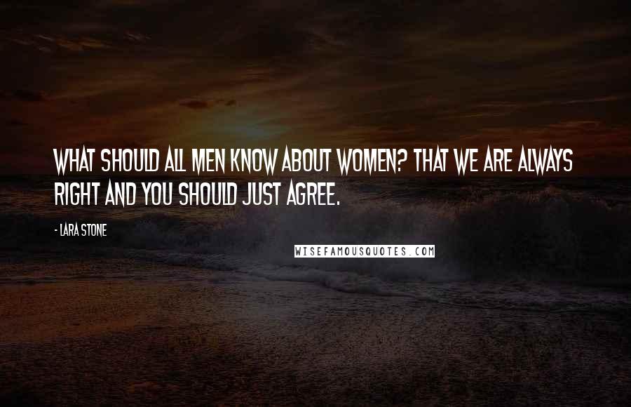 Lara Stone Quotes: What should all men know about women? That we are always right and you should just agree.