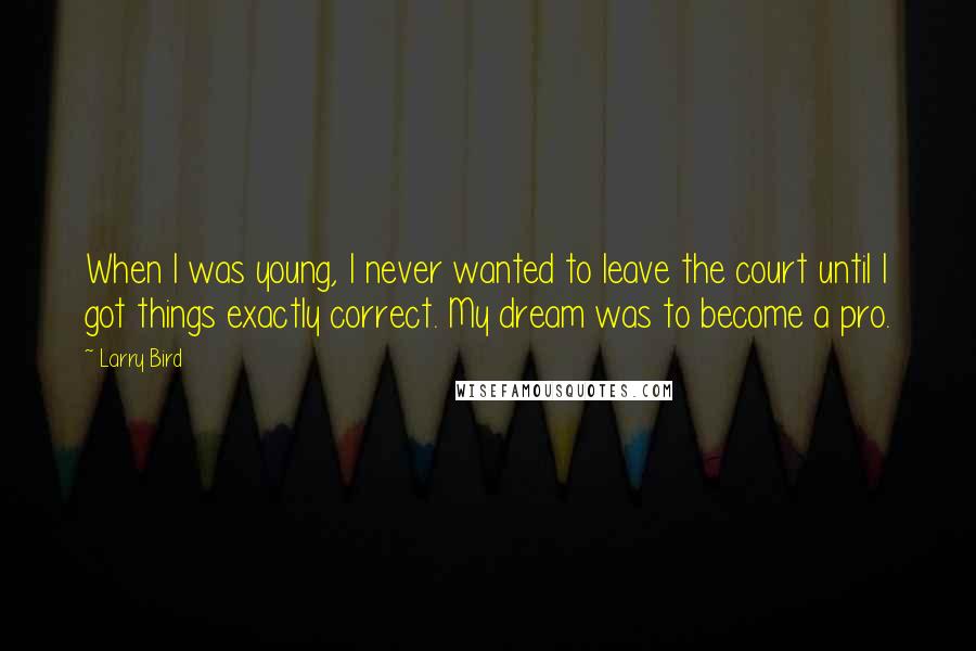 Larry Bird Quotes: When I was young, I never wanted to leave the court until I got things exactly correct. My dream was to become a pro.