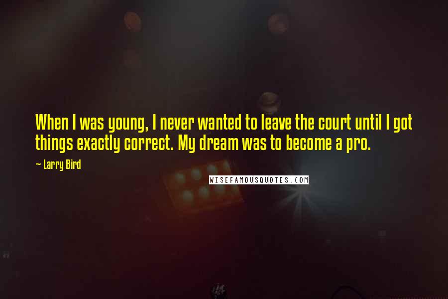 Larry Bird Quotes: When I was young, I never wanted to leave the court until I got things exactly correct. My dream was to become a pro.