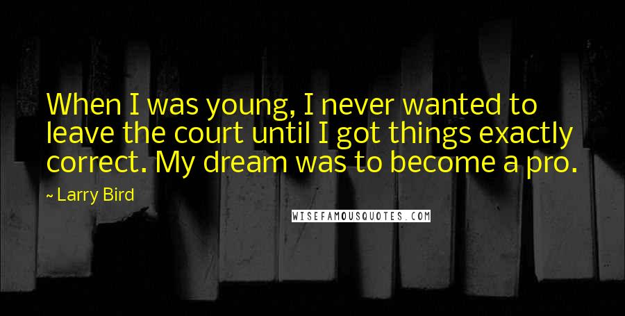 Larry Bird Quotes: When I was young, I never wanted to leave the court until I got things exactly correct. My dream was to become a pro.