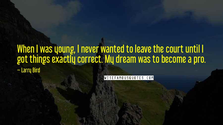 Larry Bird Quotes: When I was young, I never wanted to leave the court until I got things exactly correct. My dream was to become a pro.